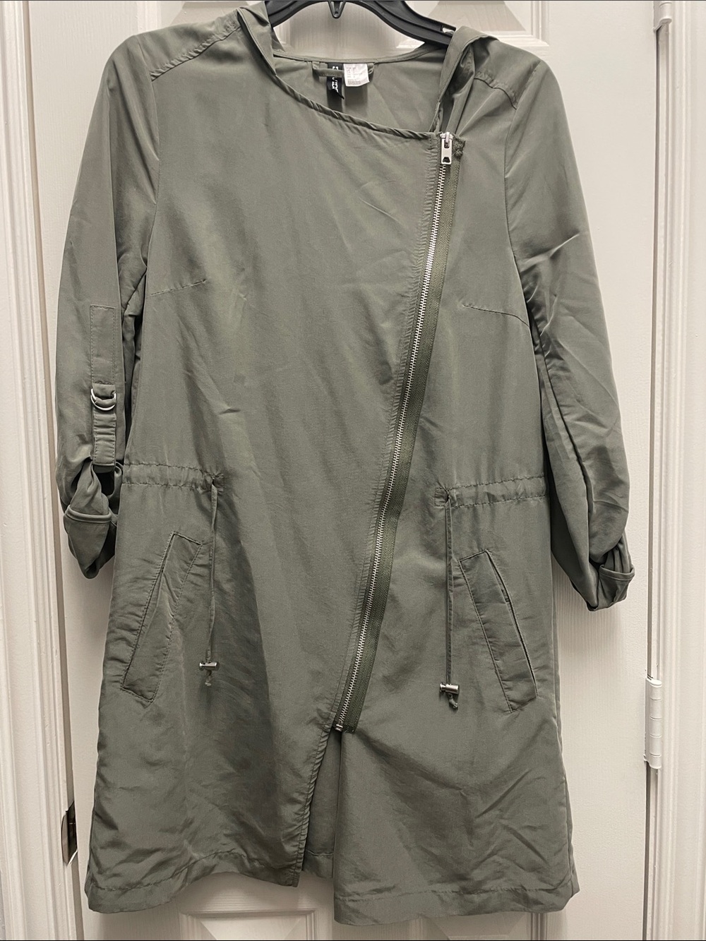 Divided Olive Green Asymmetric Zip Hooded Trench Coat